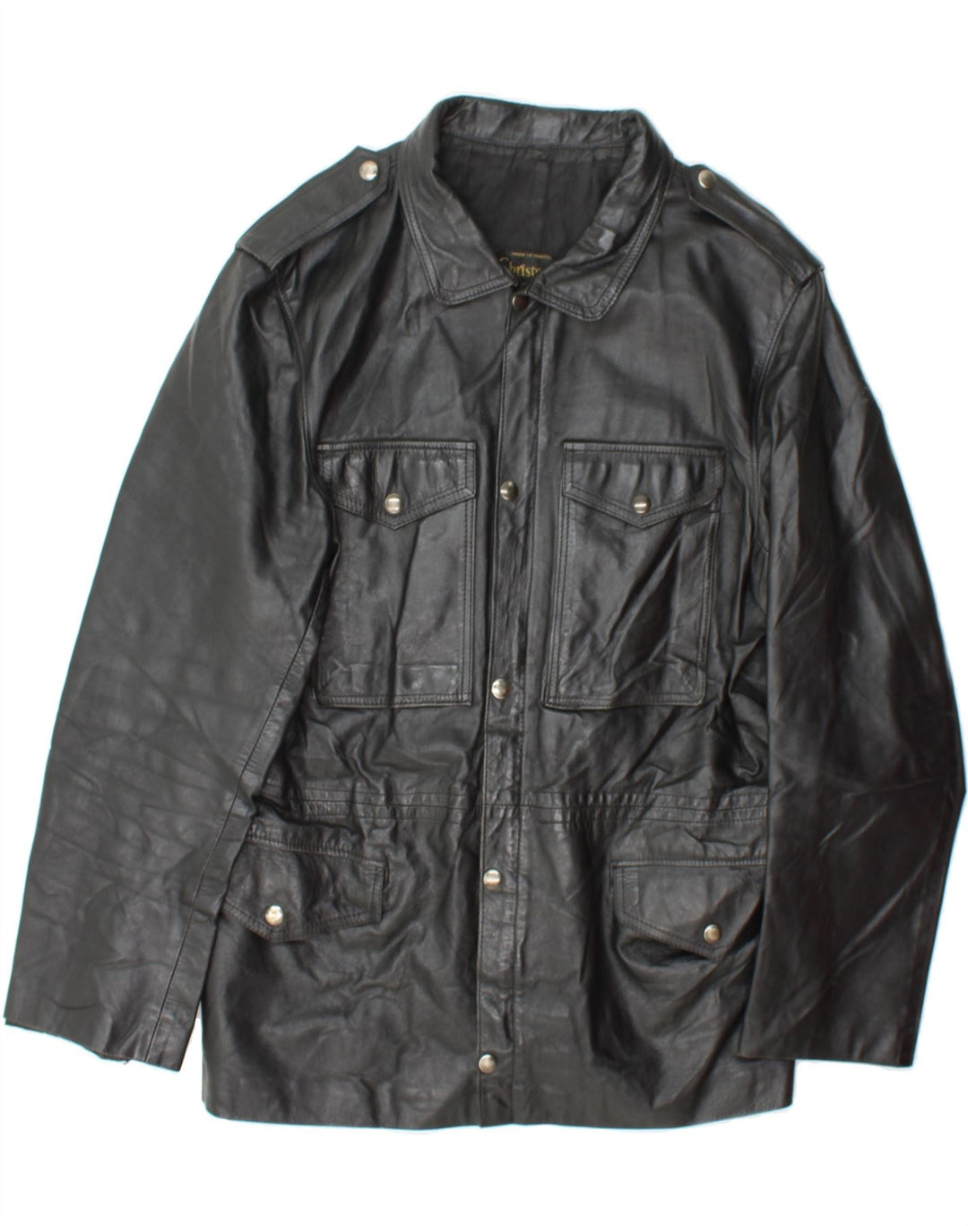 CHRISTOPHE Mens Military Leather Jacket UK 36 Small Black Vintage Christophe and Second-Hand Christophe from Messina Hembry 