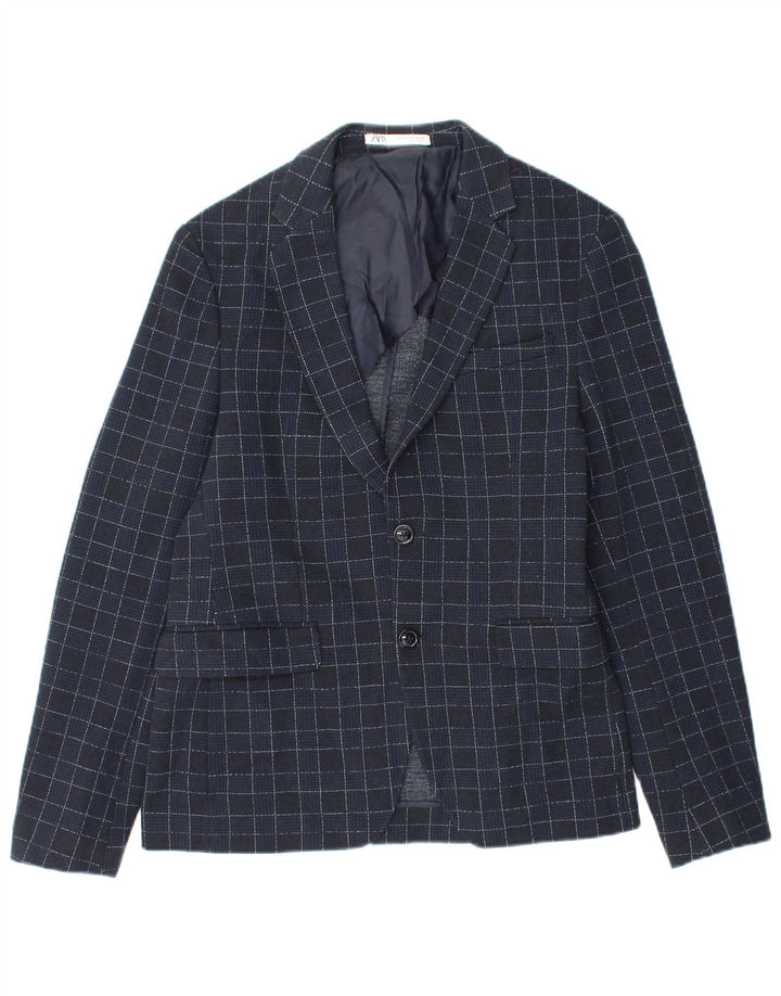 ZARA Mens 2 Button Blazer Jacket EU 46 Small Navy Blue Check Polyester
