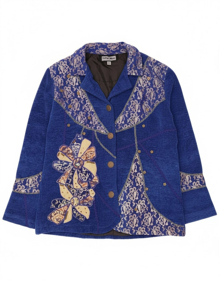 Giacca blazer a 4 bottoni da donna Indigo Moon IT 46 grande viscosa floreale blu