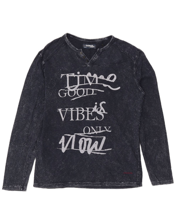 Desigual T-shirt grafica da uomo manica lunga grande blu navy in cotone
