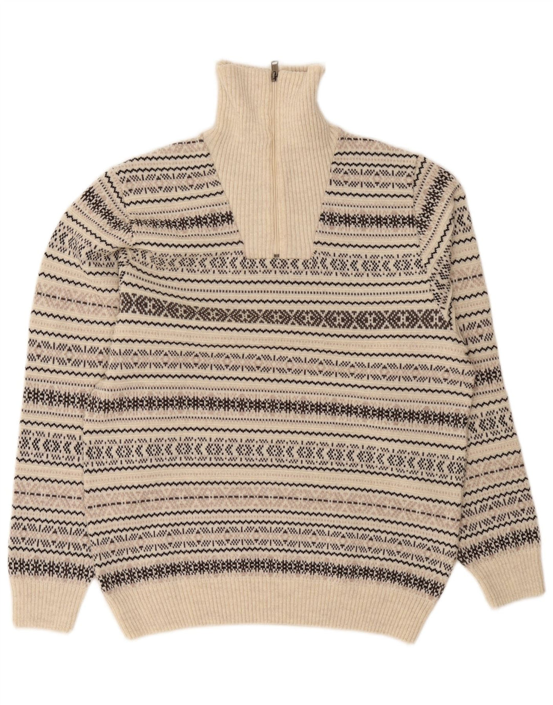 Maglione da uomo con zip e collo Jim Spencer in lana Fair Isle beige medio