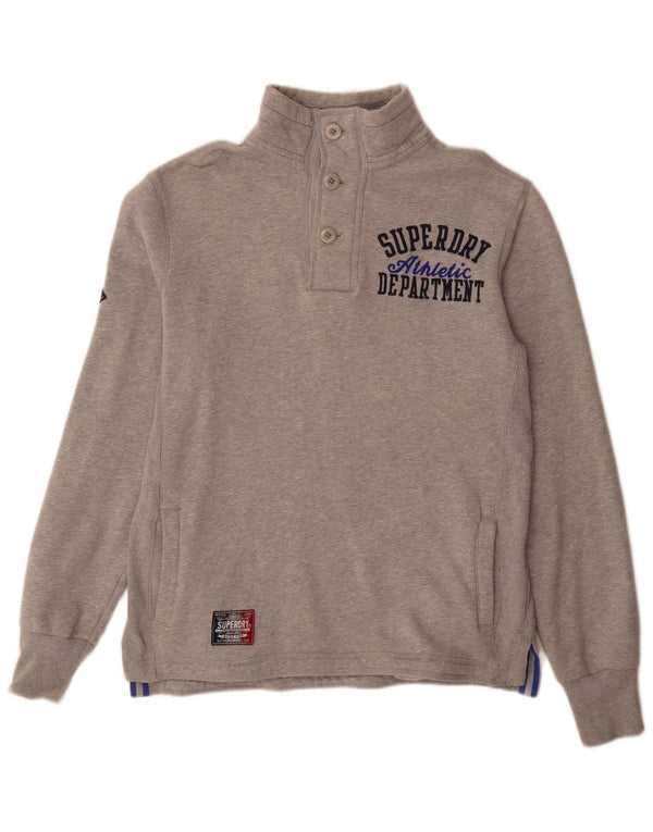Felpa da uomo con collo con bottoni grafici Superdry, maglione piccolo in cotone grigio