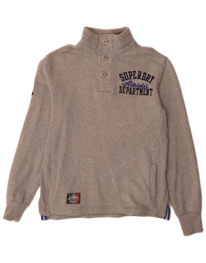 Felpa da uomo con collo con bottoni grafici Superdry, maglione piccolo in cotone grigio