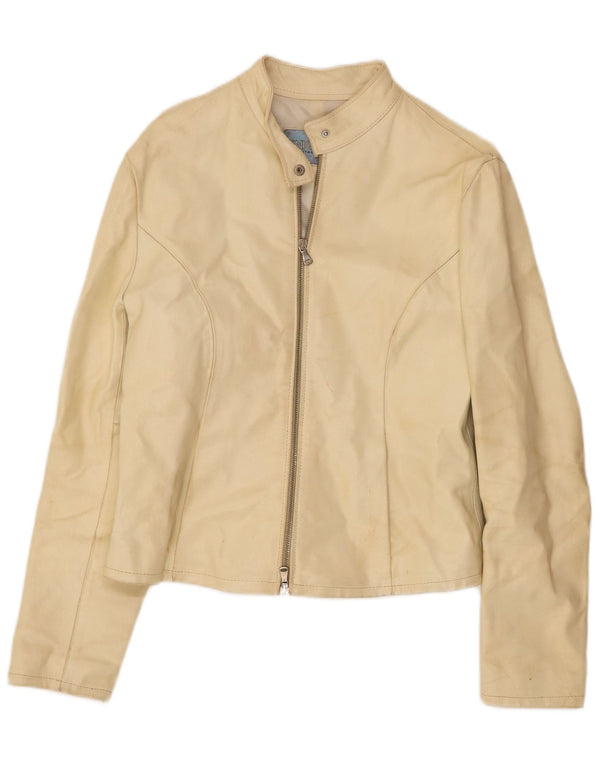Giacca da motociclista in pelle vintage da donna UK 18 XL bianco sporco