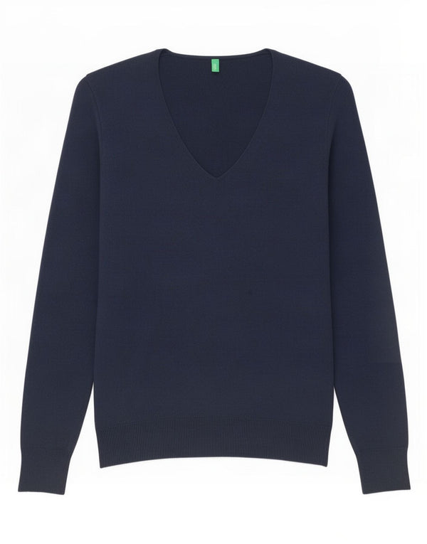 Maglione da donna con scollo a V Benetton UK 10 piccolo cotone blu navy