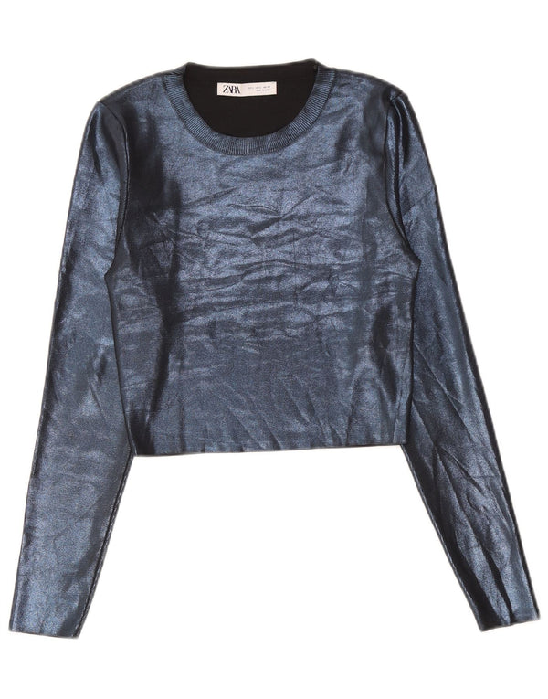 Zara Womens Crop Top Long Sleeve UK 14 Large Blue