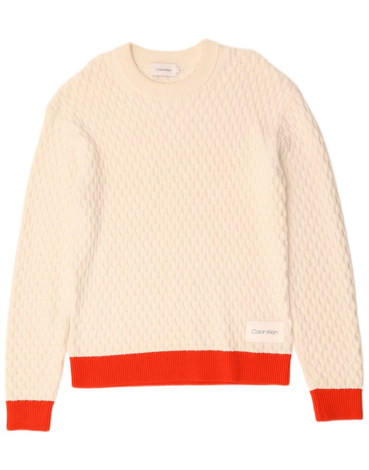 Maglione maglione girocollo da uomo Calvin Klein in cotone color block bianco medio