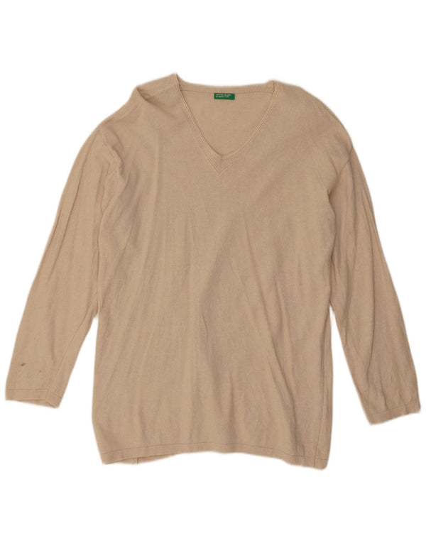 Maglione da donna con scollo a V Benetton UK 14 Cotone beige medio