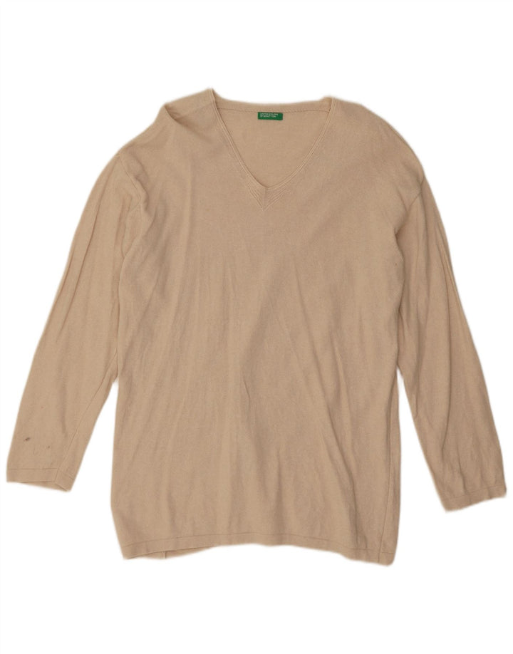 Maglione da donna con scollo a V Benetton UK 14 Cotone beige medio