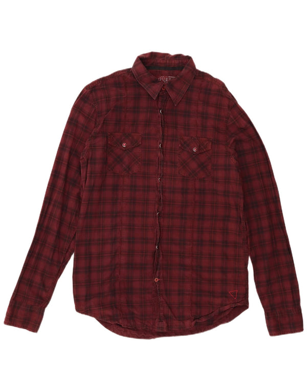Guess Camicia da uomo in flanella con grafica, cotone a quadri bordeaux grandi