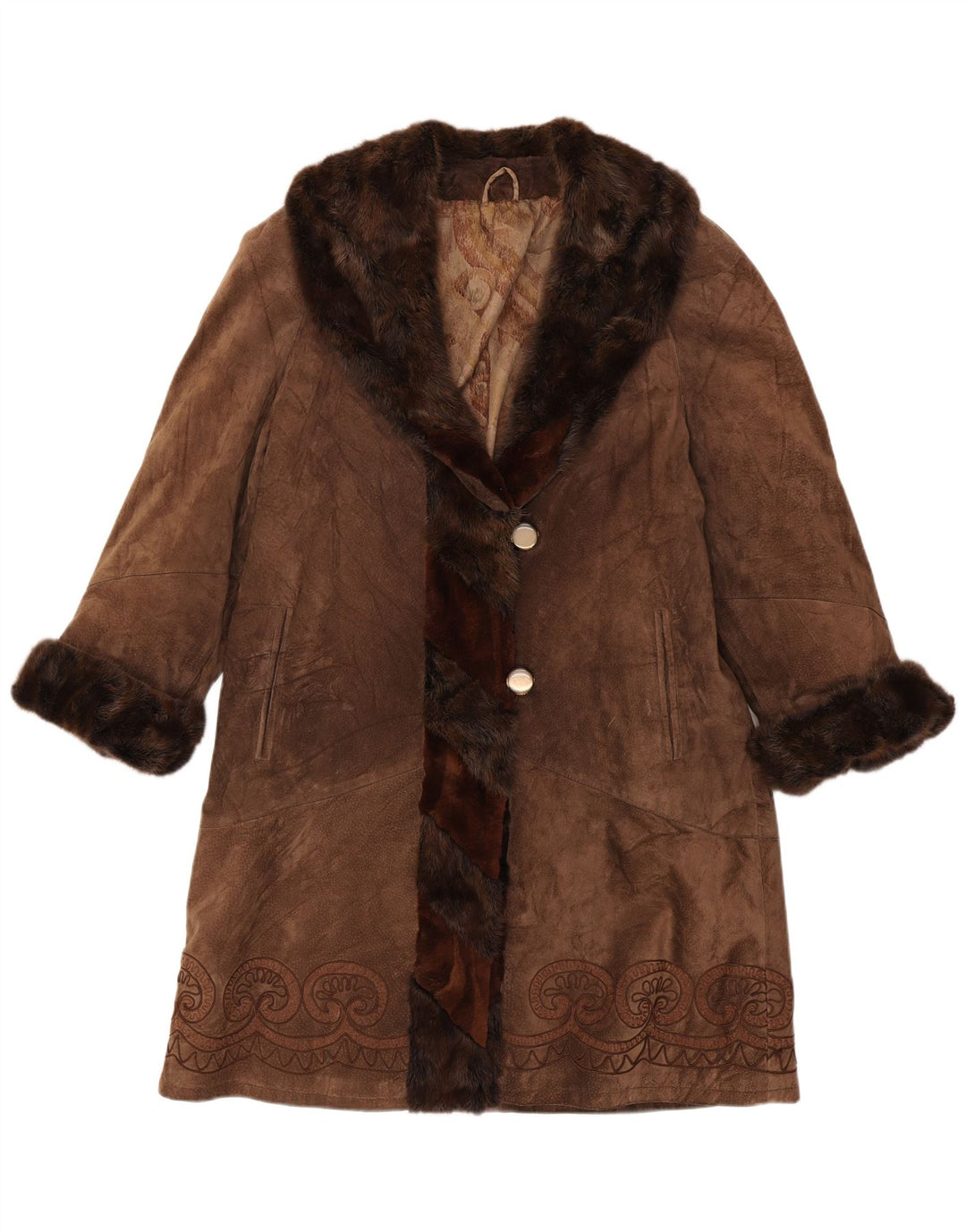 Soprabito vintage da donna in pelle scamosciata UK 14 Marrone medio Paisley