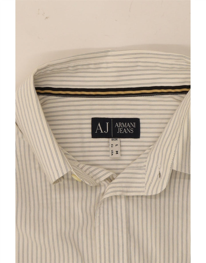 ARMANI JEANS Mens Shirt Medium White Striped Polyester Vintage Armani Jeans and Second-Hand Armani Jeans from Messina Hembry 