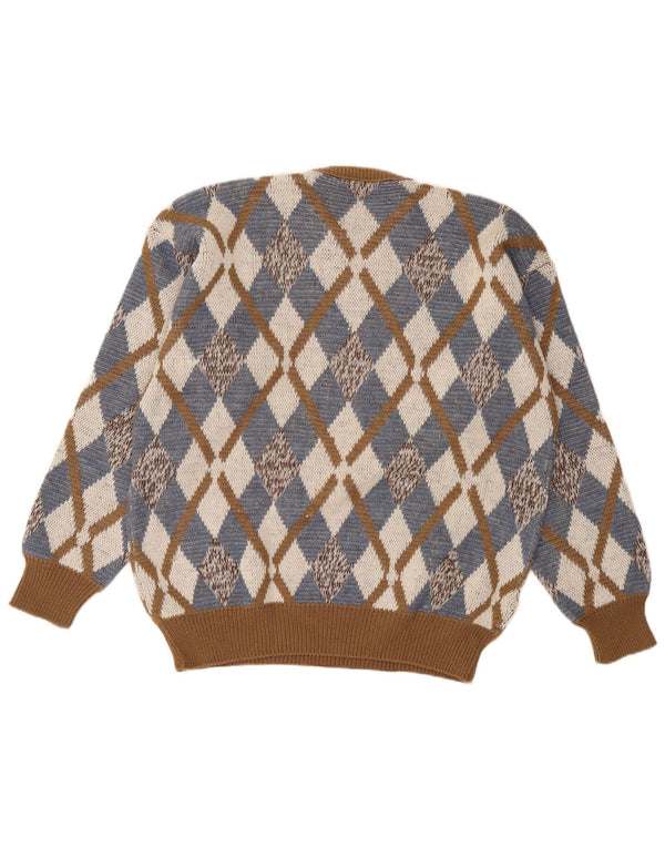 Maglione vintage da uomo girocollo IT 52 grande marrone a rombi/diamante