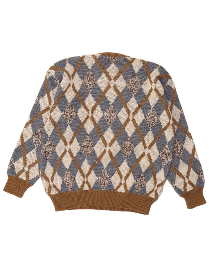 Maglione vintage da uomo girocollo IT 52 grande marrone a rombi/diamante