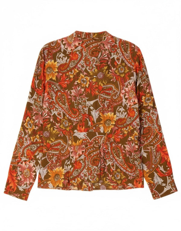 Camicia a maniche lunghe grafica da donna vintage UK 12 Medium Khaki Floral Retro