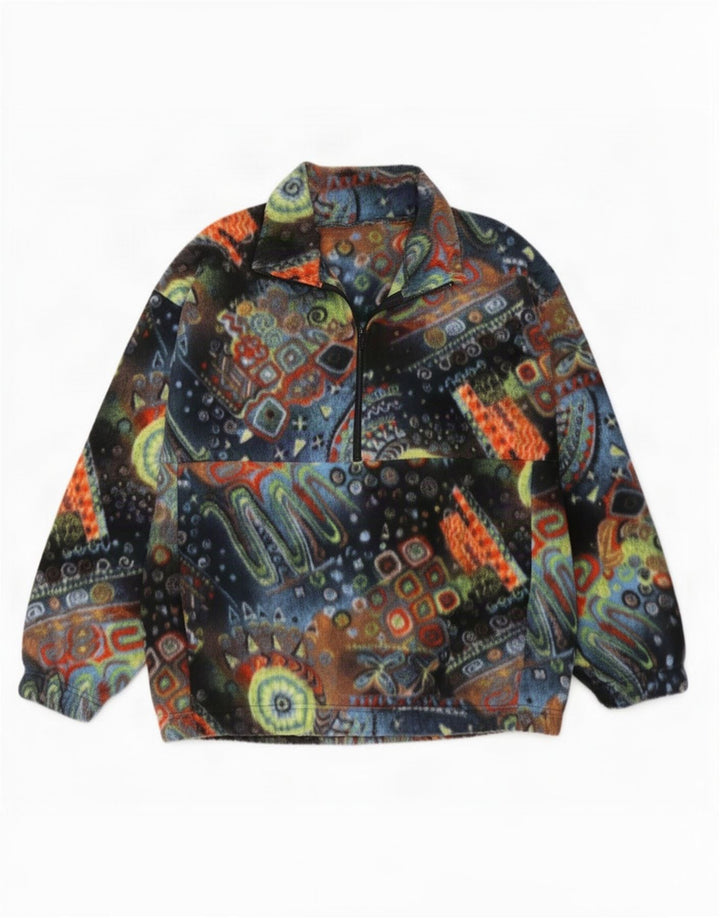 Maglione in pile da uomo vintage con motivo astratto, collo con zip, grande, multicolore