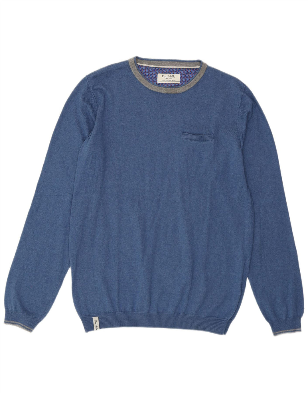 FRED MELLO Mens Crew Neck Jumper Sweater Medium Blue Vintage Fred Mello and Second-Hand Fred Mello from Messina Hembry 