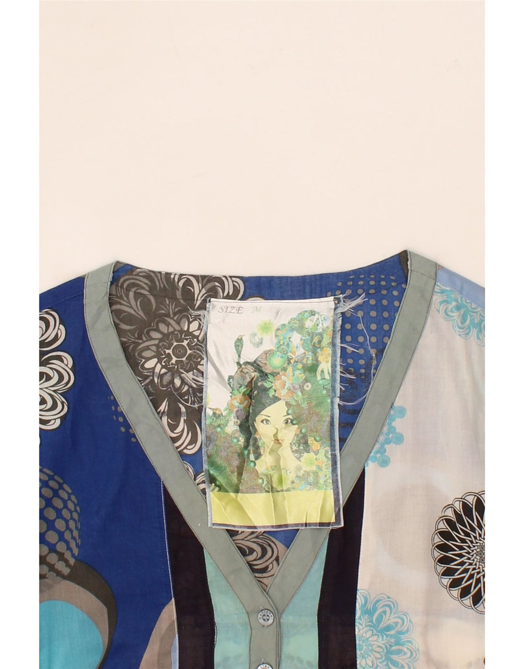 DESIGUAL Womens Graphic Shirt Blouse UK 12 Medium Blue Colourblock Vintage Desigual and Second-Hand Desigual from Messina Hembry 