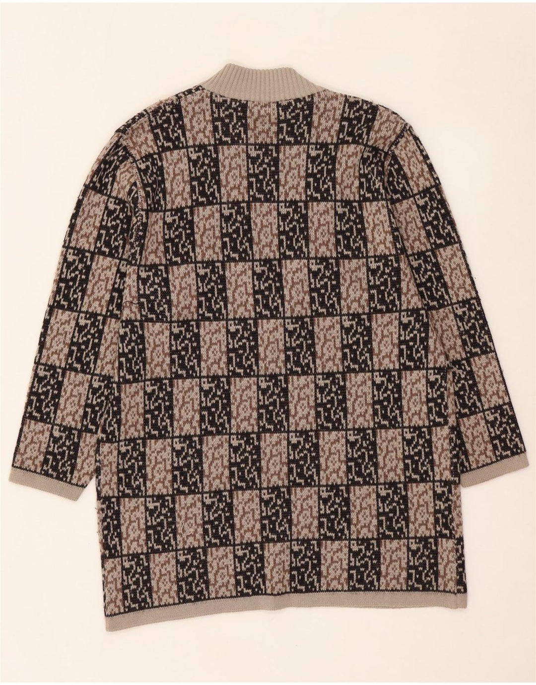 Maglione cardigan aperto lungo da donna VINTAGE IT 44 Marrone medio geometrico