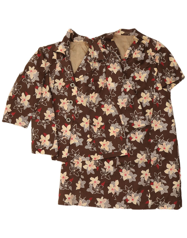 Set da 2 pezzi vintage da donna con maniche a 3/4 e 4 bottoni, UK 12, marrone medio floreale