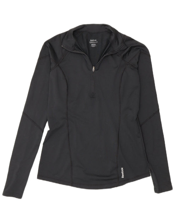 Reebok Donna Zip Neck Pullover Tuta Top UK 12 Medium Nero Poliestere