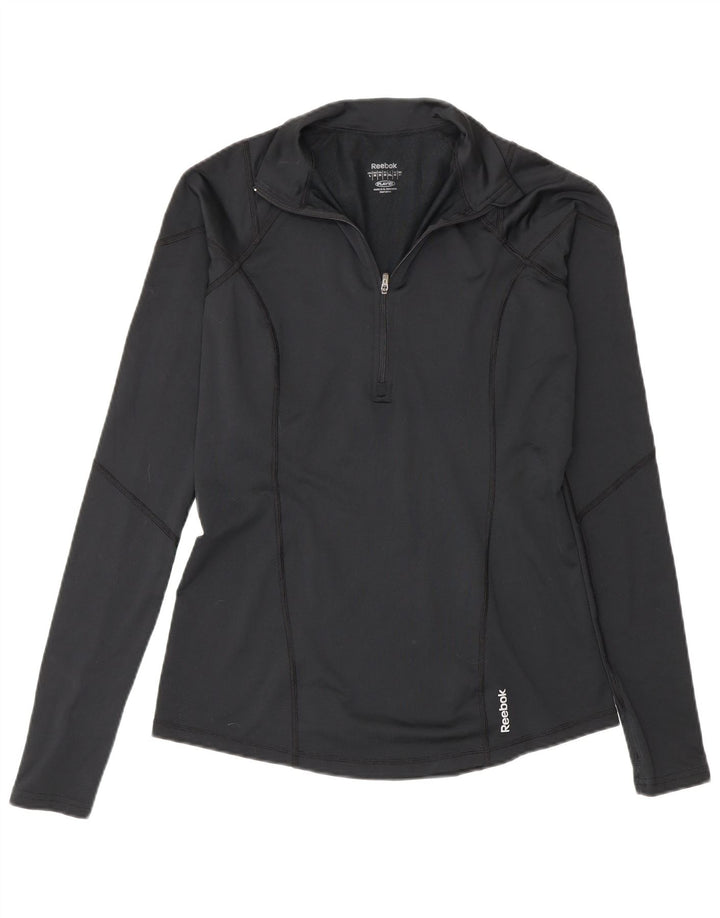 Reebok Donna Zip Neck Pullover Tuta Top UK 12 Medium Nero Poliestere
