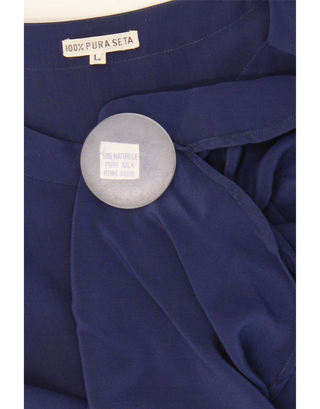 Top vintage da donna trasparente in camicetta UK 16 grande seta blu navy