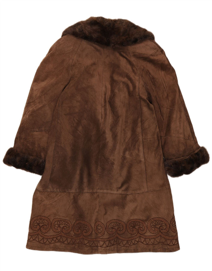 Soprabito vintage da donna in pelle scamosciata UK 14 Marrone medio Paisley