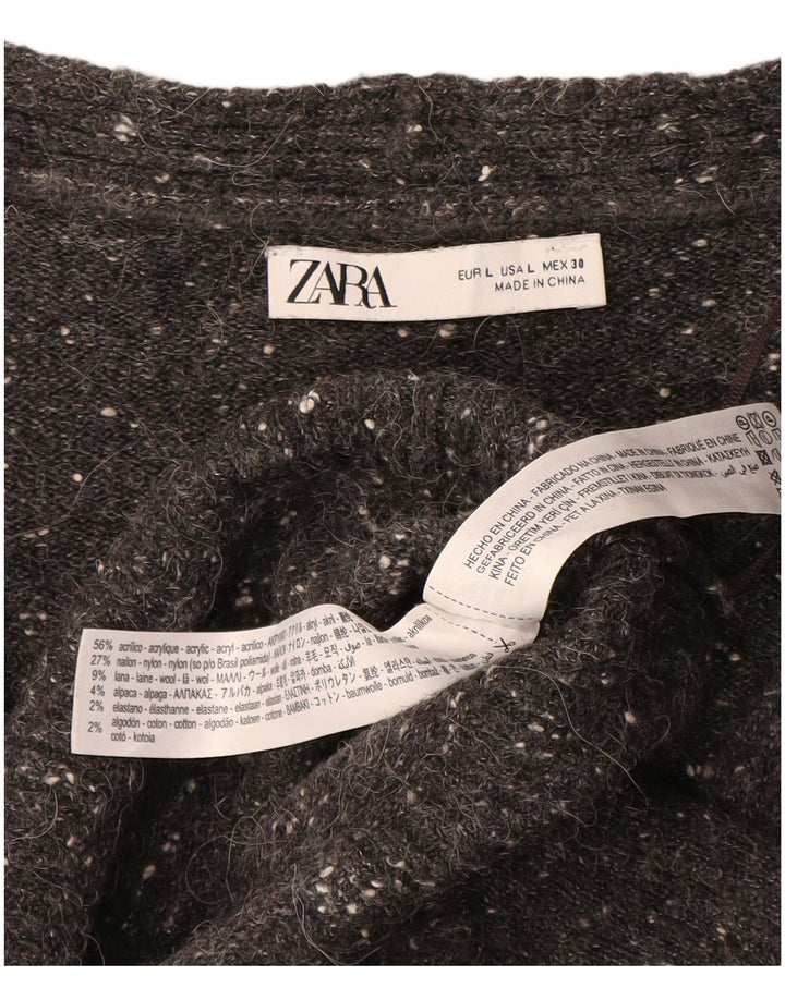 Maglione cardigan lungo da donna ZARA UK 16 Grande acrilico chiazzato grigio