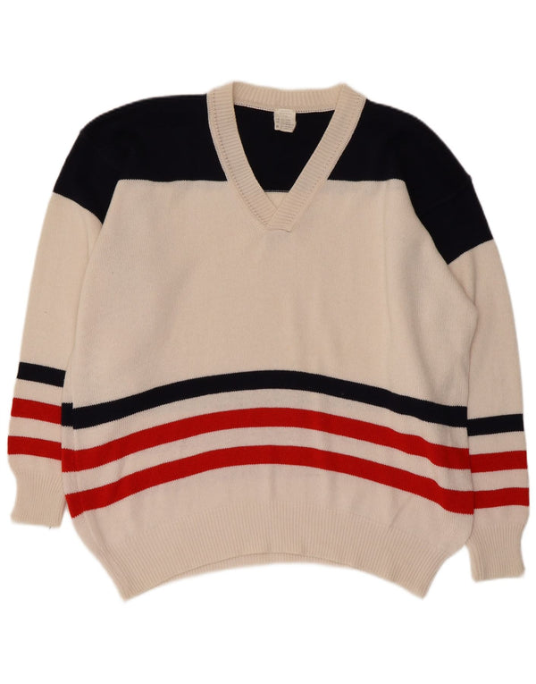 Maglione vintage da uomo con scollo a V XL in cotone color block bianco