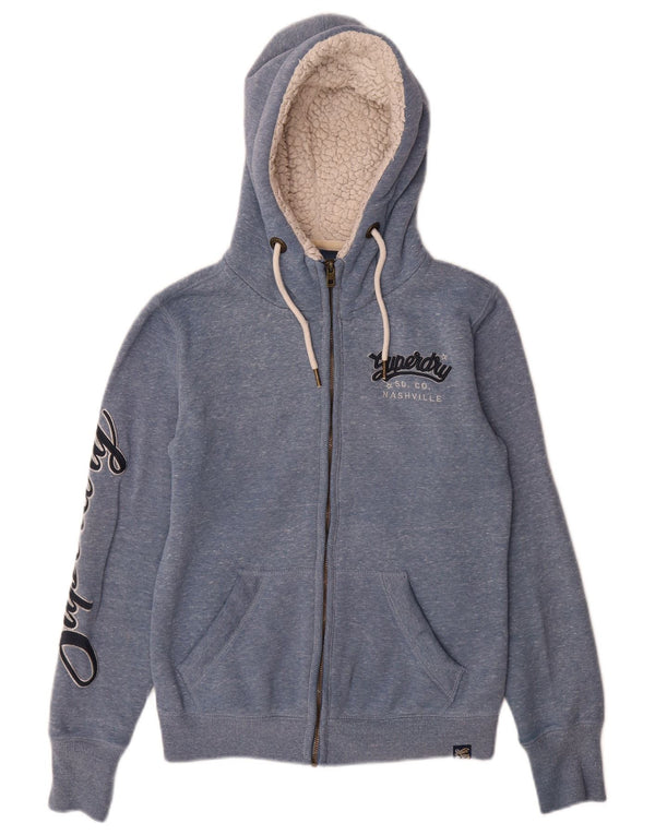 Felpa con cappuccio e zip grafica da donna Superdry UK 8 piccolo cotone chiazzato blu