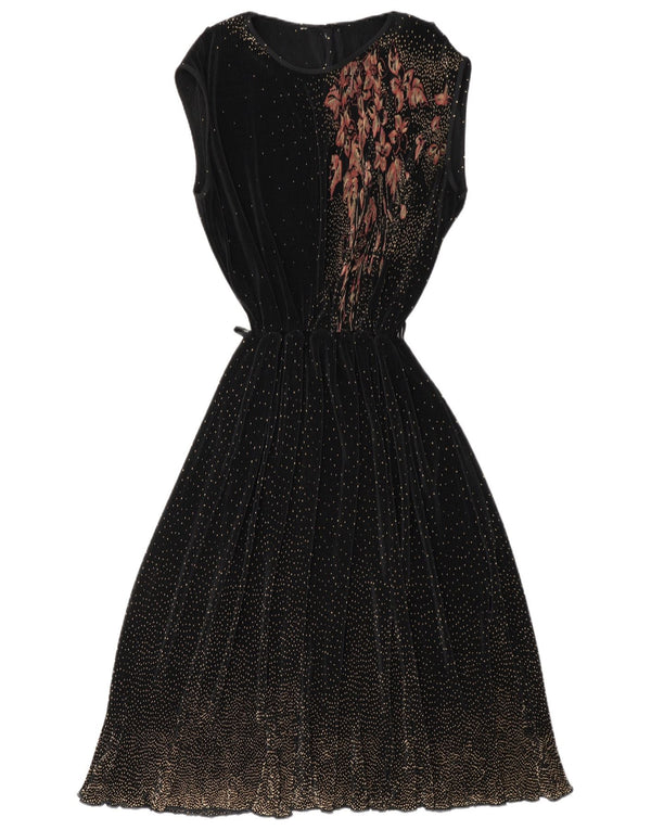 Vestito lungo senza maniche vintage da donna UK 16 grande nero floreale