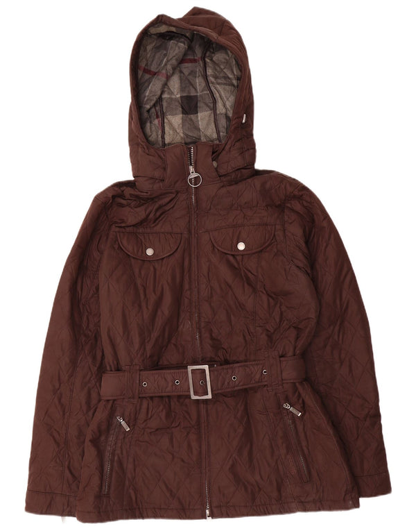 BARBOUR Giacca trapuntata con cappuccio scozzese invernale da donna UK 12 Marrone medio