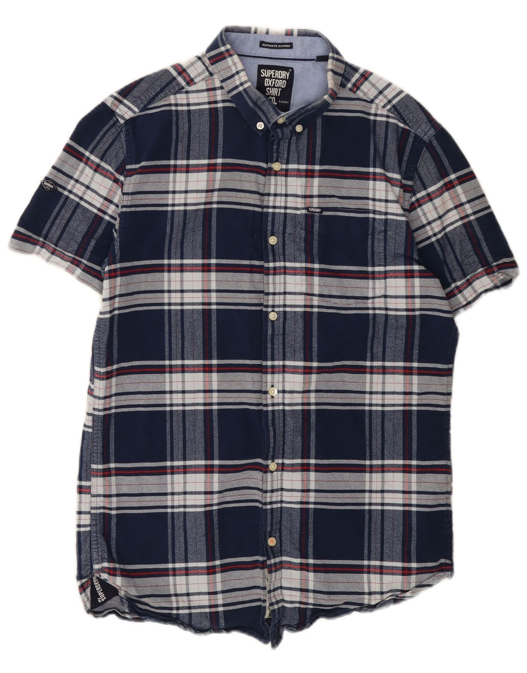Camicia da uomo in flanella a maniche corte Superdry, cotone a quadri blu navy medio