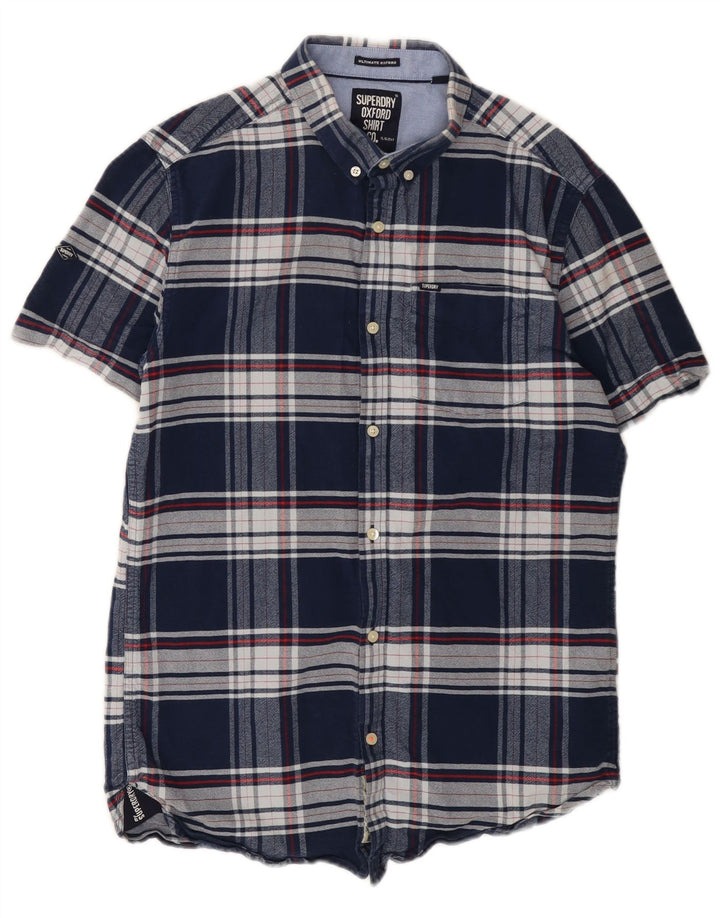 Camicia da uomo in flanella a maniche corte Superdry, cotone a quadri blu navy medio