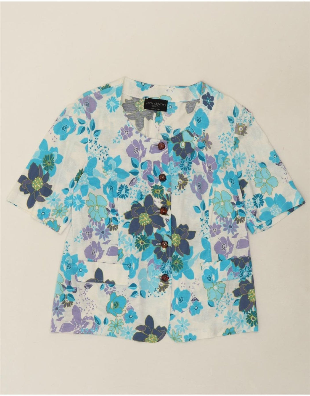 VINTAGE Womens Short Sleeve 5 Button Biker Jacket UK 16 Large Blue Floral Vintage Vintage and Second-Hand Vintage from Messina Hembry 