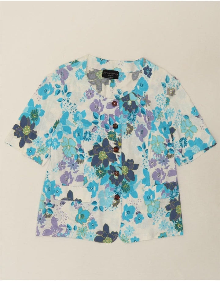 VINTAGE Womens Short Sleeve 5 Button Biker Jacket UK 16 Large Blue Floral Vintage Vintage and Second-Hand Vintage from Messina Hembry 