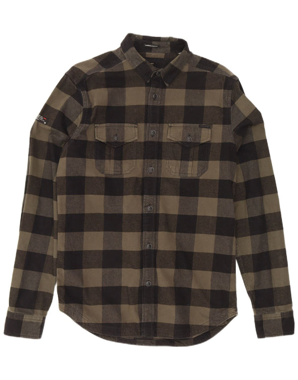 Camicia da uomo in flanella da boscaiolo Superdry, cotone a quadretti kaki medio