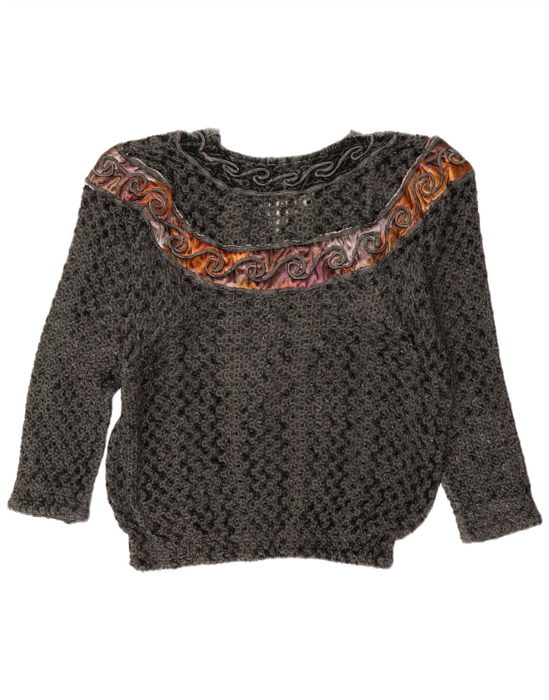 Maglione vintage da donna con scollo a V UK 14 Large Grey Colourblock