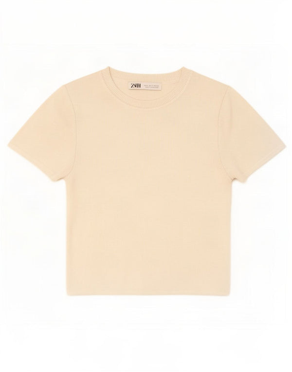 T-shirt corta da donna Zara UK 12 viscosa bianca media
