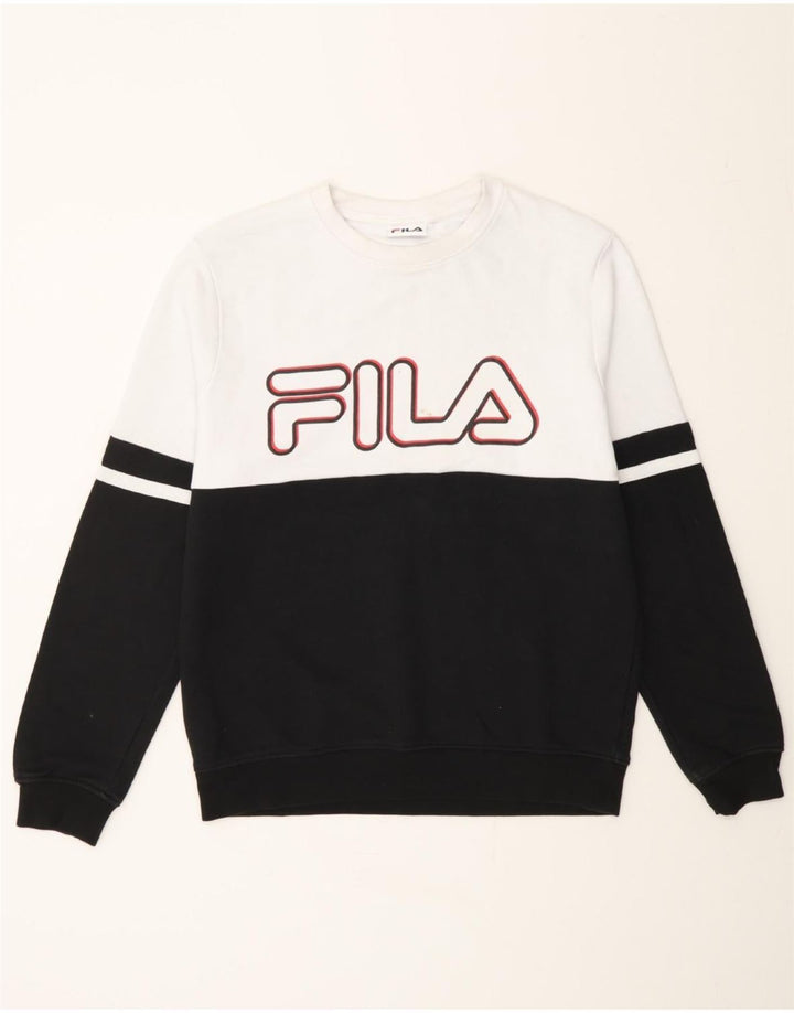 FILA Mens Graphic Sweatshirt Jumper Medium White Colourblock Cotton Vintage Fila and Second-Hand Fila from Messina Hembry 