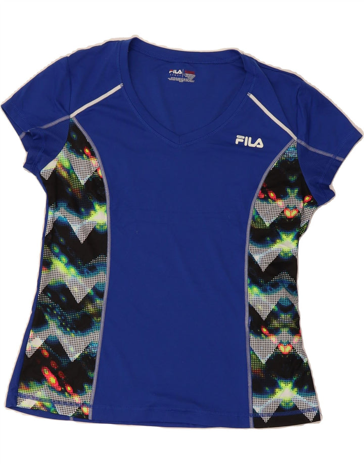 FILA Womens T-Shirt Top UK 14 Large Blue Geometric Polyester Vintage Fila and Second-Hand Fila from Messina Hembry 