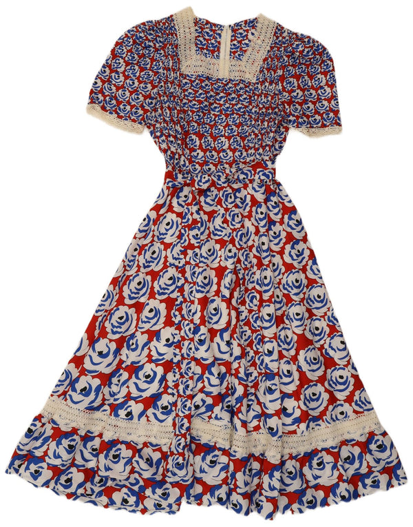 Abito maxi a trapezio da donna vintage UK 8 piccolo retro floreale rosso