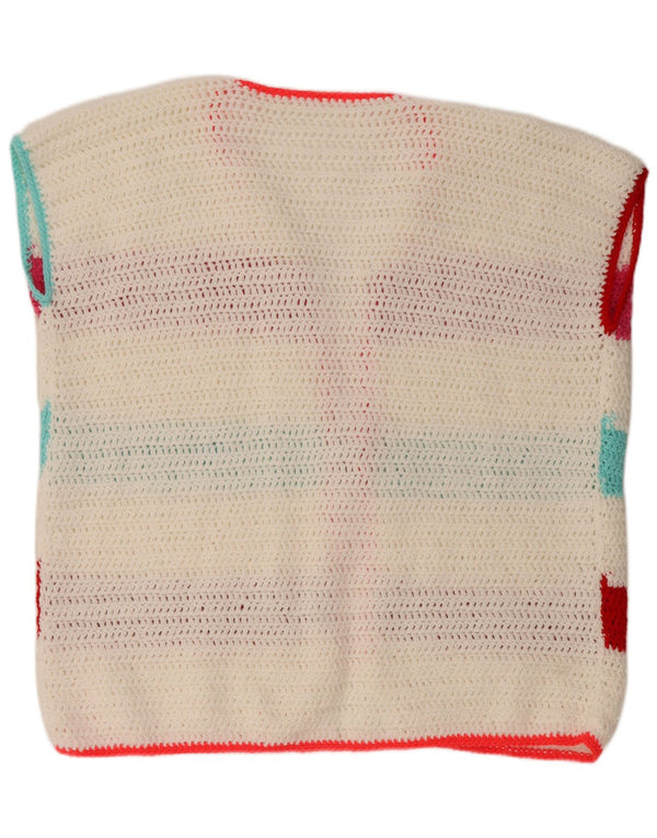 Maglione cardigan senza maniche da donna VINTAGE UK 18 XL a righe bianche