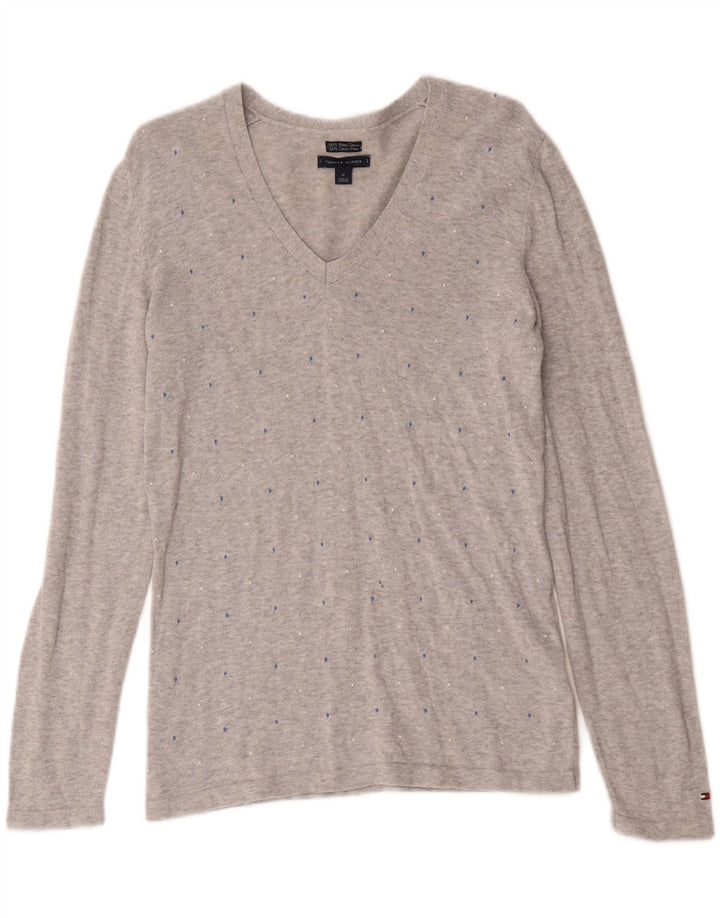 Tommy Hilfiger Donna Top Manica Lunga UK 12 Cotone Maculato Grigio Medio