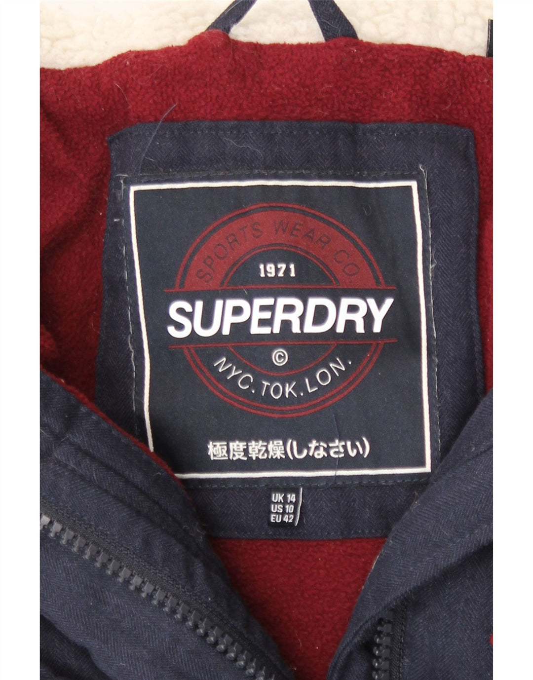 Giacca imbottita da donna con cappuccio Superdry UK 14 grande poliestere blu navy