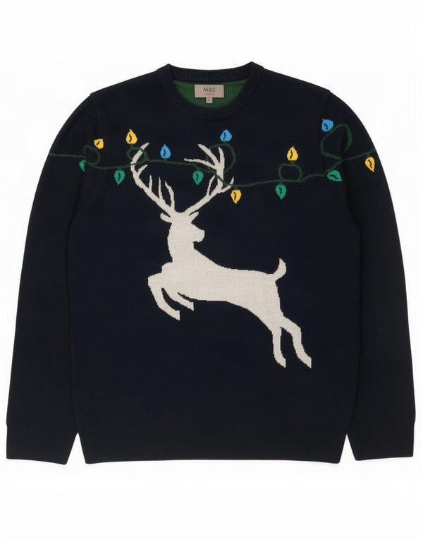 Maglione maglione girocollo da uomo Marks & Spencer grande blu navy natalizio