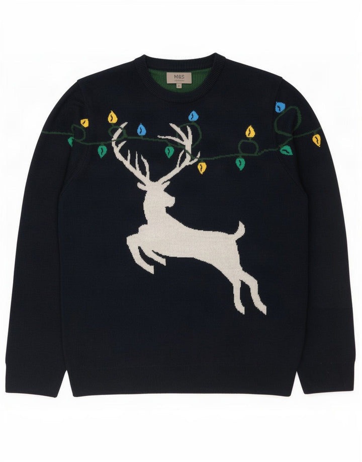 Maglione maglione girocollo da uomo Marks & Spencer grande blu navy natalizio