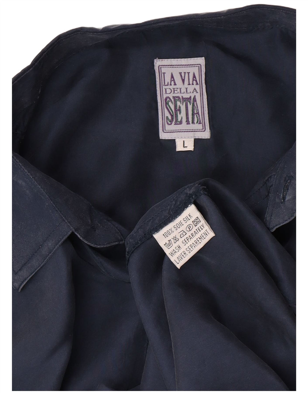 Camicia vintage da uomo grande in seta blu navy