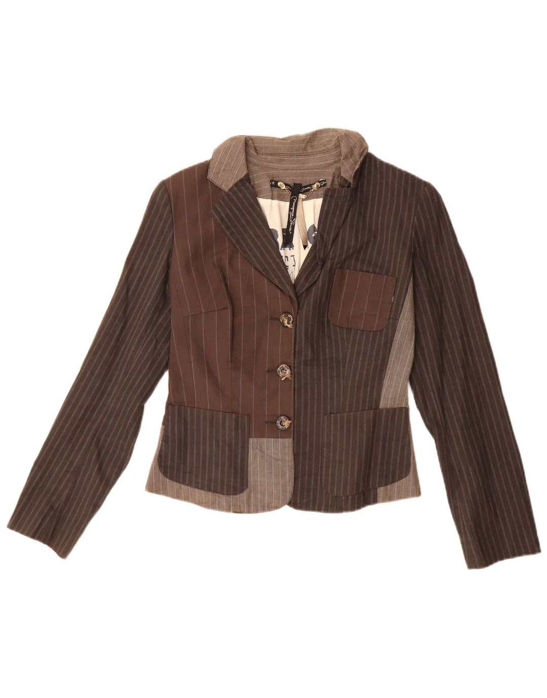 Giacca blazer vintage da donna a 3 bottoni corta IT 42 marrone medio a righe